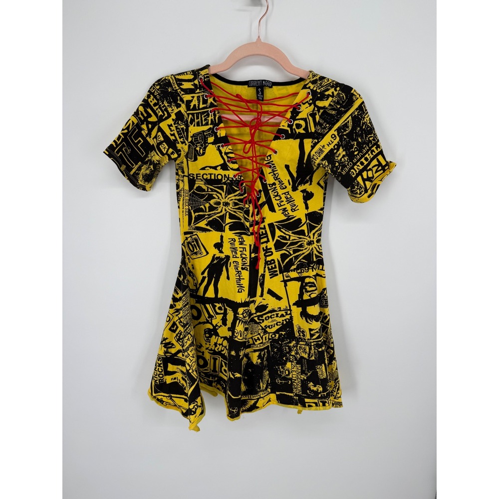 Current Mood Mini Dress Womens Small Yellow Newsprint Lace Up Punk ACM16002